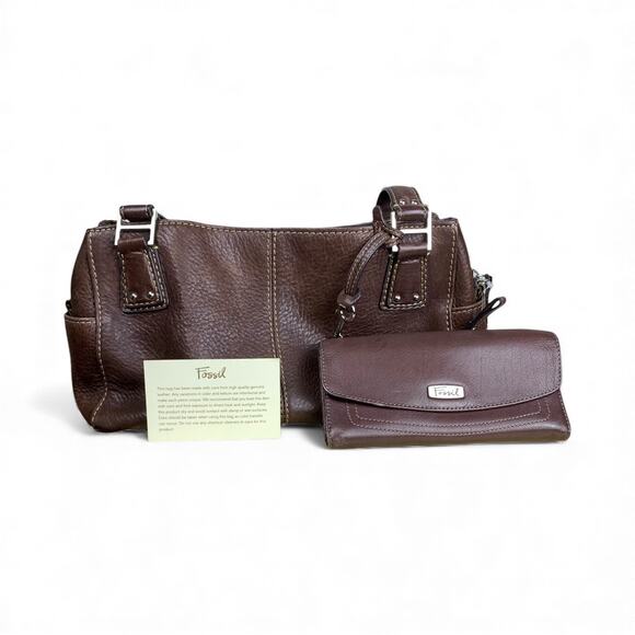 Fossil Handbags - Fossil Brown Pebbled Leather Double Handle Shoulder Bag and Wallet Set